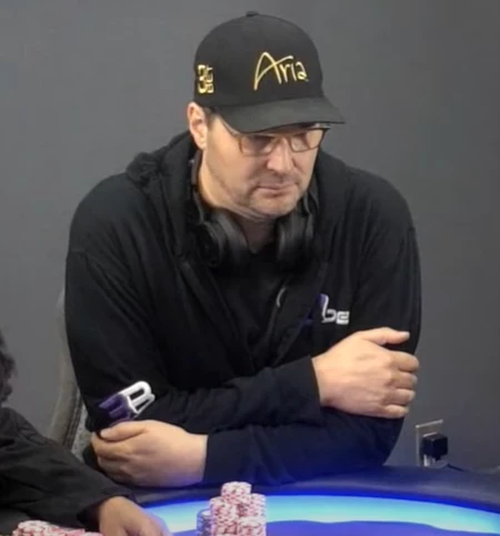 Phil Hellmuth seated playing high stakes cash game poker on Hustler Casino Live.