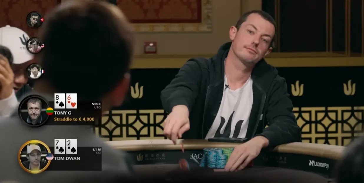 Tom Dwan seated at Triton Poker playing 72 offsuit in their high stakes cash game