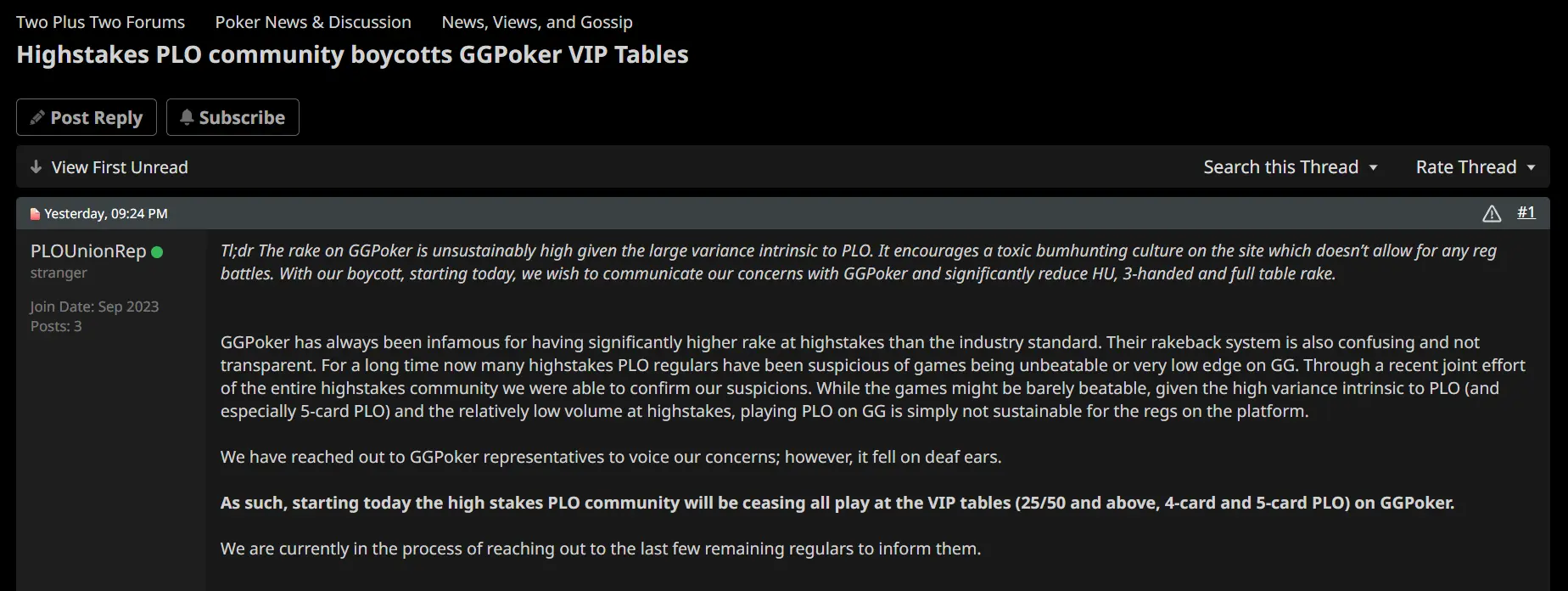 Image of the TwoPlusTwo thread of PLO players beginning to boycott GGPoker.