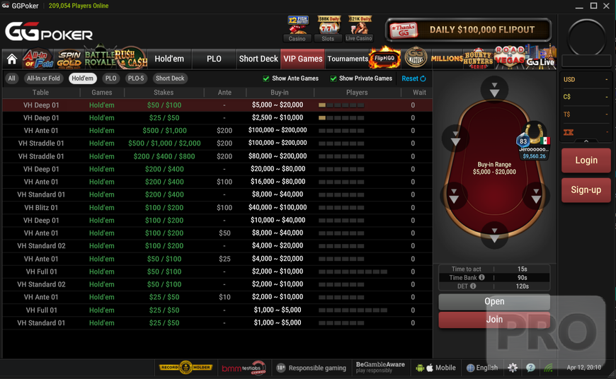 Picture of GGPoker's client showing the VIP lobby of high stakes cash games.